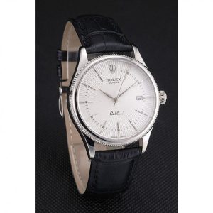 Super Clone Rolex Cellini Date White Dial Stainless Steel Case Black Leather Strap - Image 3