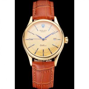 Alternative view of Super Clone Rolex Cellini Date Gold Guilloche Dial Gold Case Light Brown Leather Strap