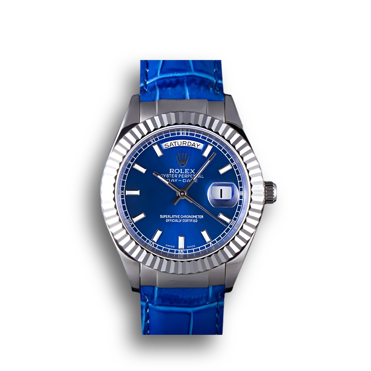 Super Clone Rolex Day-Date Oyster Collection Blue Leather Band 621490