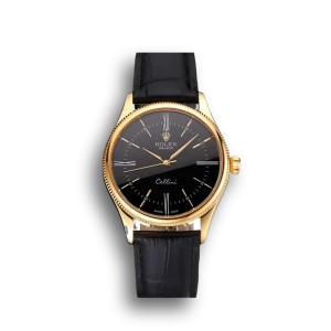 Super Clone Rolex Cellini Black Dial Roman Numerals Gold Case Black Leather Strap