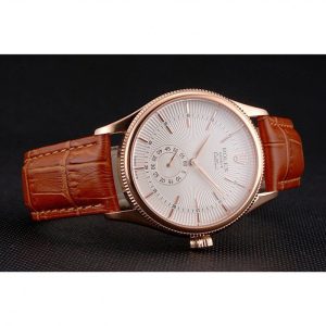Super Clone Rolex Cellini White Dial Rose Gold Case Light Brown Leather Strap - Imagen 4