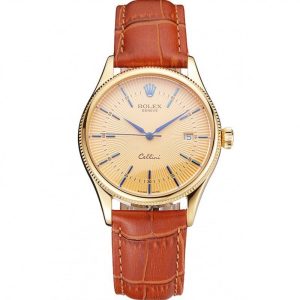 Super Clone Rolex Cellini Date Gold Guilloche Dial Gold Case Light Brown Leather Strap - Imagen 11