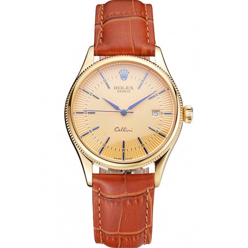 Super Clone Rolex Cellini Date Gold Guilloche Dial Gold Case Light Brown Leather Strap - Imagen 11