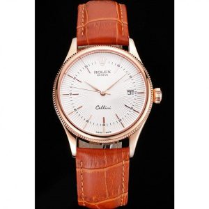 Vista alternativa de Super Clone Rolex Cellini Date White Dial Rose Gold Case Brown Leather Strap