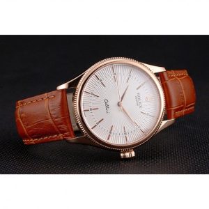 Super Clone Rolex Cellini White Dial Rose Gold Case Brown Leather Strap - Image 5