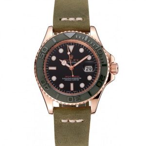 Rolex Yacht-Master Black Dial Green Bezel Rose Gold Case Green Leather Bracelet 1453862 - Imagen 10