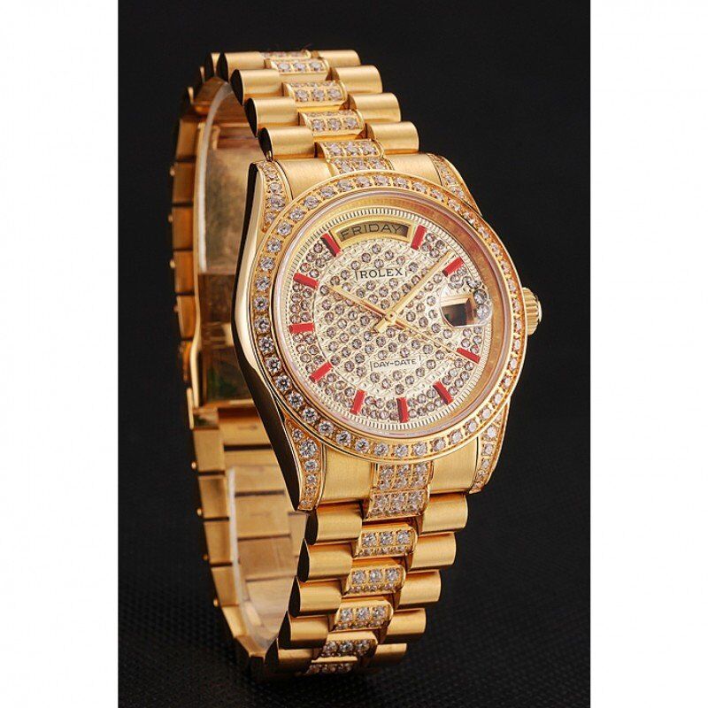 Super Clone Rolex Day-Date Red Diamond Pave Dial Gold Diamond Bracelet 1453960 - Afbeelding 2