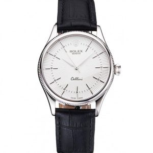 Super Clone Rolex Cellini White Guilloche Dial Stainless Steel Case Black Leather Strap – Image 11