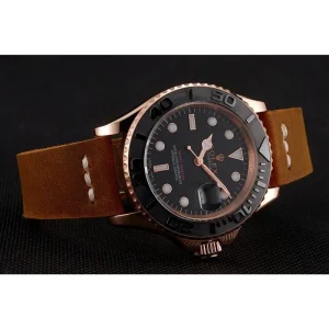 Rolex Yacht-Master Black Dial Rose Gold Case Brown Leather Bracelet 1453861 - Imagen 4