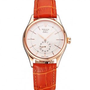 Super Clone Rolex Cellini White Dial Rose Gold Case Light Brown Leather Strap - Imagen 11