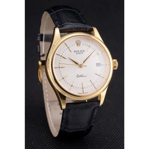 Super Clone Rolex Cellini Date White Dial Gold Case Black Leather Strap - Image 3