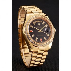Super Clone Rolex Day-Date Diamonds And Rubies Black Dial Yellow Gold Bracelet 1454101 - Image 3