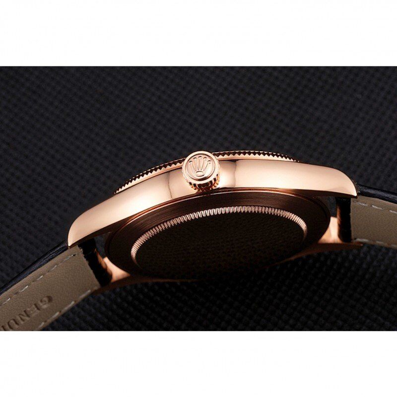 Super Clone Rolex Cellini Black Dial Rose Gold Markings Rose Gold Case Black Leather Strap - Image 9