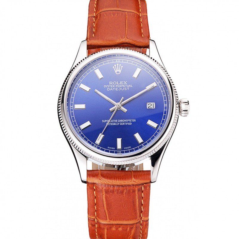 Super Clone Rolex Datejust Blue Dial Stainless Steel Case Light Brown Leather Strap - Image 11