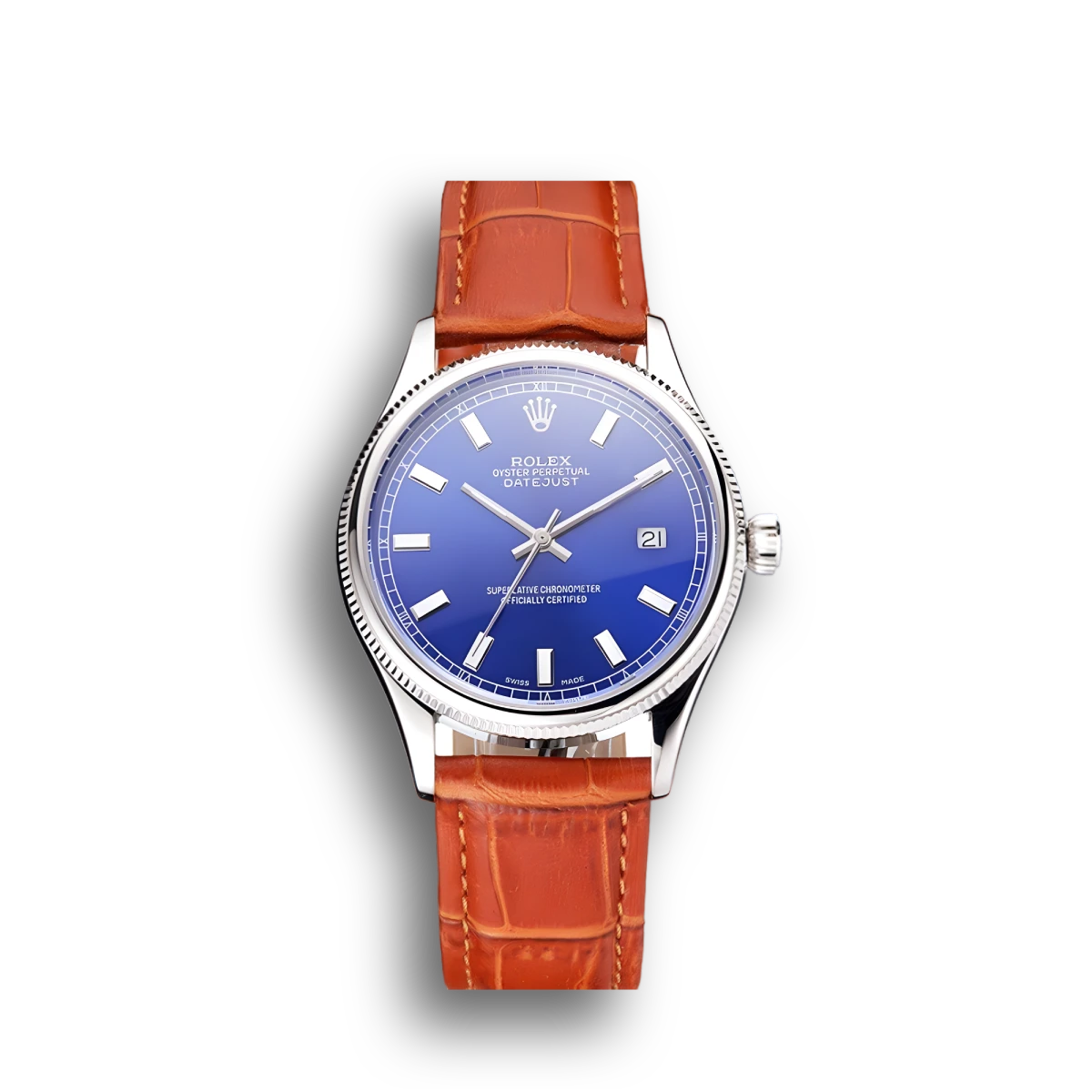 Super Clone Rolex Datejust Blue Dial Stainless Steel Case Light Brown Leather Strap