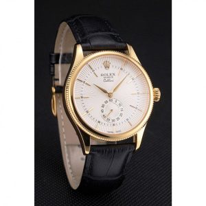 Super Clone Rolex Cellini White Dial Gold Case Black Leather Strap - Image 3