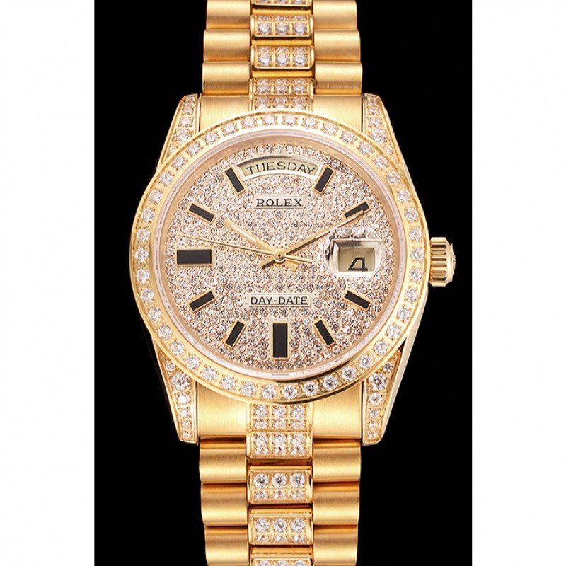 Super Clone Rolex Day-Date Yellow Gold Diamond Pave - Imagen 2