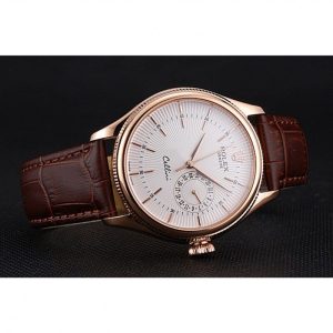 Rolex Cellini White Rose Dial Gold Case Brown Leather Bracelet 622725 - Image 5