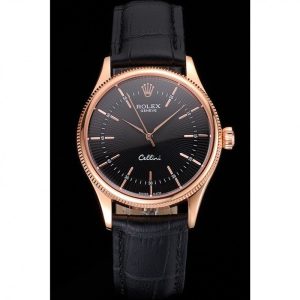 Alternative view of Super Clone Rolex Cellini Black Dial Rose Gold Markings Rose Gold Case Black Leather Strap