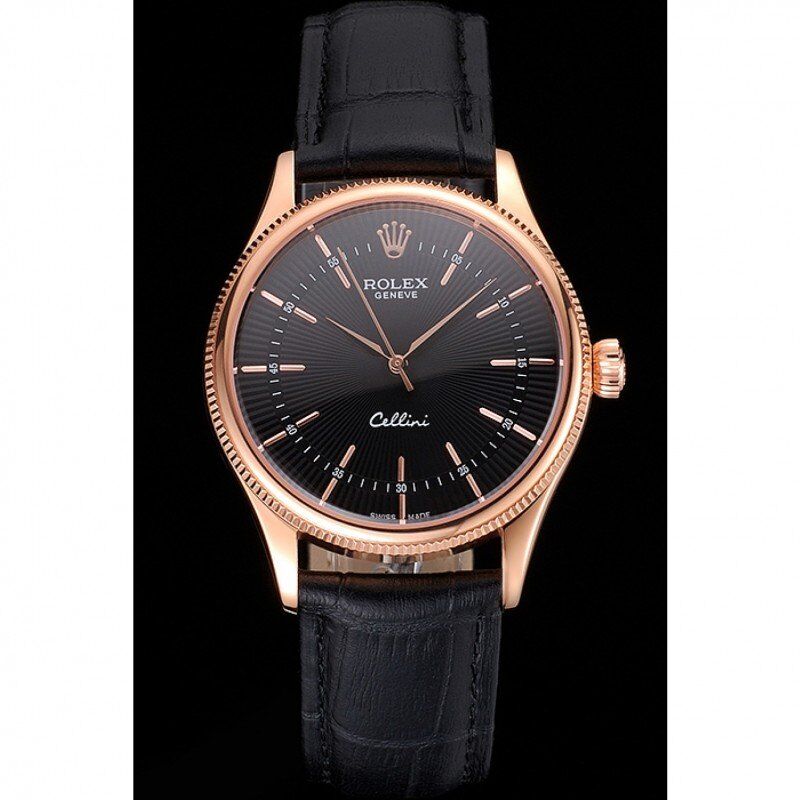 Super Clone Rolex Cellini Black Dial Rose Gold Markings Rose Gold Case Black Leather Strap - Image 2