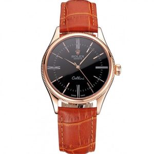 Super Clone Rolex Cellini Black Dial Roman Numerals Rose Gold Case Light Brown Leather Strap – Bild 11