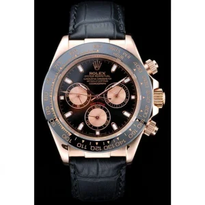 Super Clone Rolex Daytona Rose Gold Case Black Dial Black Leather Strap - Image 2