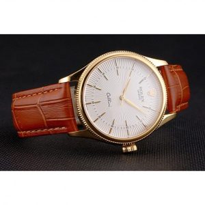 Super Clone Rolex Cellini White Guilloche Dial Gold Case Light Brown Leather Strap - Image 5