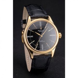 Super Clone Rolex Cellini Black Dial Roman Numerals Gold Case Black Leather Strap - Image 3
