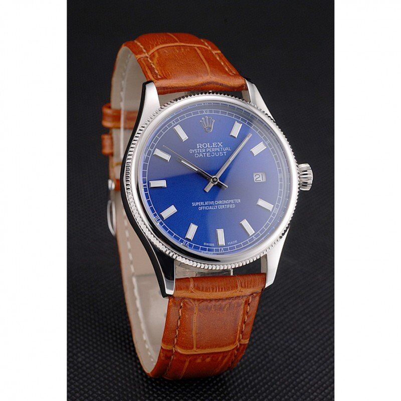 Super Clone Rolex Datejust Blue Dial Stainless Steel Case Light Brown Leather Strap - Image 3