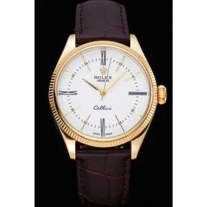 Alternative view of Rolex Cellini White Dial Gold Case Brown Leather Strap 622833