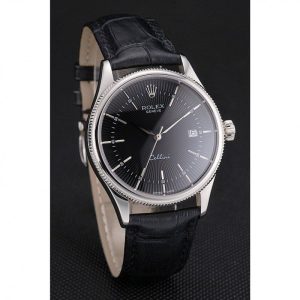 Super Clone Rolex Cellini Date Black Dial Stainless Steel Case Black Leather Strap - Image 3