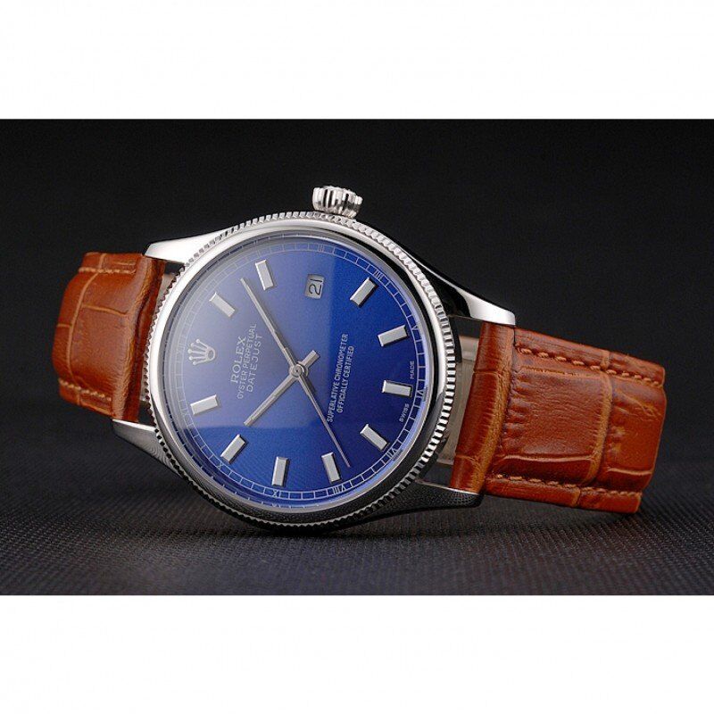 Super Clone Rolex Datejust Blue Dial Stainless Steel Case Light Brown Leather Strap - Image 4