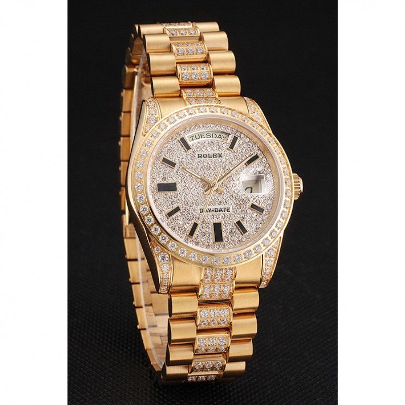 Super Clone Rolex Day-Date Yellow Gold Diamond Pave - Imagen 3