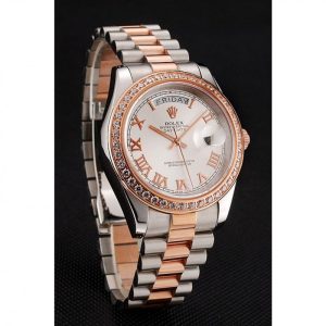 Super Clone Rolex Day-Date Diamonds Bezel White Dial Rose Gold And Staineless Steel Bracelet 1454108 - Image 3