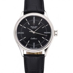 Super Clone Rolex Cellini Time Silver Case Black Dial Black Leather Bracelet  622654 - Imagen 10