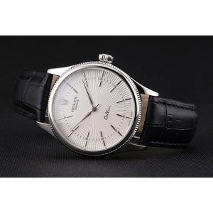 Super Clone Rolex Cellini White Guilloche Dial Stainless Steel Case Black Leather Strap – Image 4