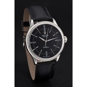 Super Clone Rolex Cellini Time Silver Case Black Dial Black Leather Bracelet  622654 - Imagen 3