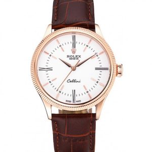 Super Clone Rolex Cellini Time Gold Case White Dial Brown Leather Bracelet 622655 - Afbeelding 10