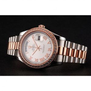 Super Clone Rolex Day-Date Diamonds Bezel White Dial Rose Gold And Staineless Steel Bracelet 1454108 - Image 4