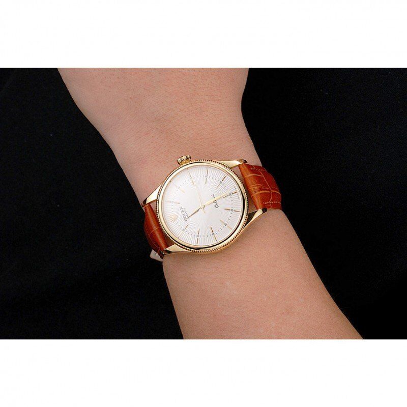 Super Clone Rolex Cellini White Guilloche Dial Gold Case Light Brown Leather Strap - Image 10