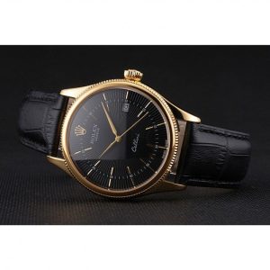 Rolex Cellini Date Black Dial Gold Case Black Leather Strap - Imagen 4