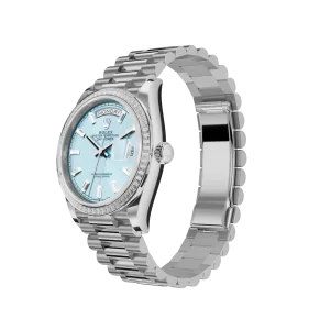 Vista alternativa de Rolex Day-Date: 36mm platinum, ice-blue, diamond-set dial, diamond-set bezel and a President bracelet, m128396tbr-0003