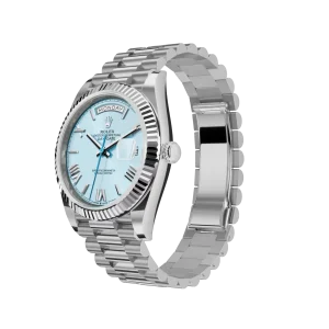 Vista alternativa de Super Clone Rolex Day-Date: 40 mm, Platinum with an ice-blue dial, Fluted bezel and a President bracelet, m228236-0012