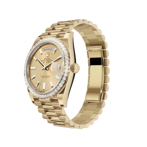Vista alternativa de Super Clone Rolex Day-Date: 36 mm, Yellow gold, with a champagne colour, Diamond-set dial, Diamond-set bezel and a President bracelet, m228348rbr-0002