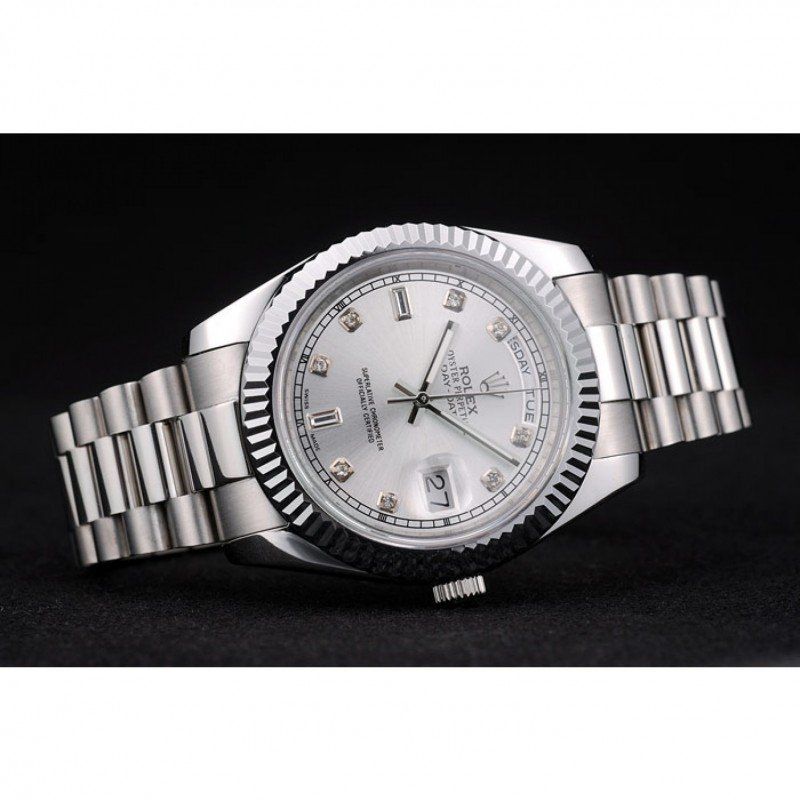 Super Clone Rolex DayDate Stainless Steel Ribbed Bezel Silver Dial 41995 - Image 4