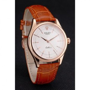 Super Clone Rolex Cellini White Dial Rose Gold Case Brown Leather Strap - Image 3