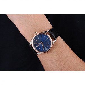 Rolex Cellini Blue Dial Gold Bezel Stainless Steel Case Black Leather Strap 622841 - Image 10