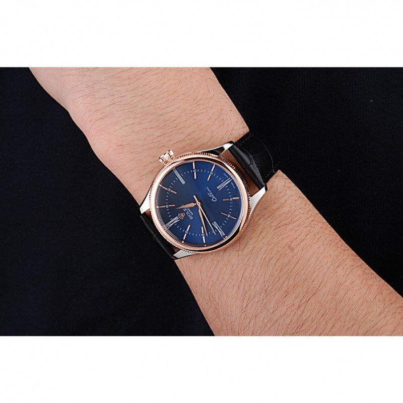 Rolex Cellini Blue Dial Gold Bezel Stainless Steel Case Black Leather Strap 622841 - Image 10
