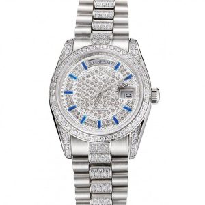 Super Clone Rolex Day-Date Diamond Pave Dial And Bezel And Stainless Steel Bracelet - Image 11