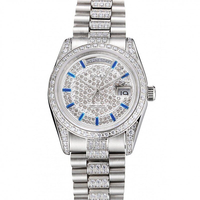 Super Clone Rolex Day-Date Diamond Pave Dial And Bezel And Stainless Steel Bracelet - Image 11